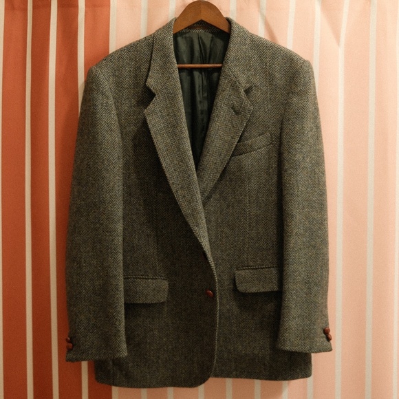 Vintage Harris Tweed Sport Coat in Herringbone Green Size 44R - Picture 1 of 6